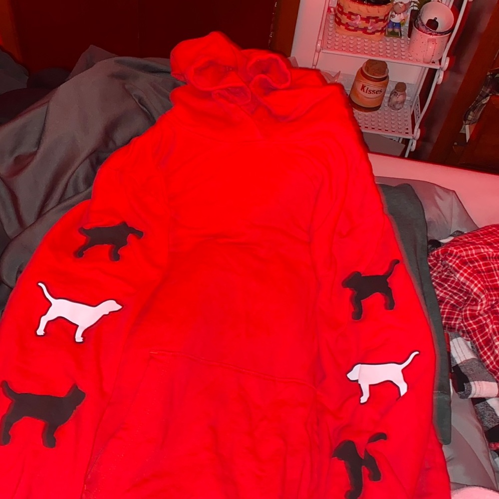 red PINK hoodie w dogs. selling because i need more room to store clothes.